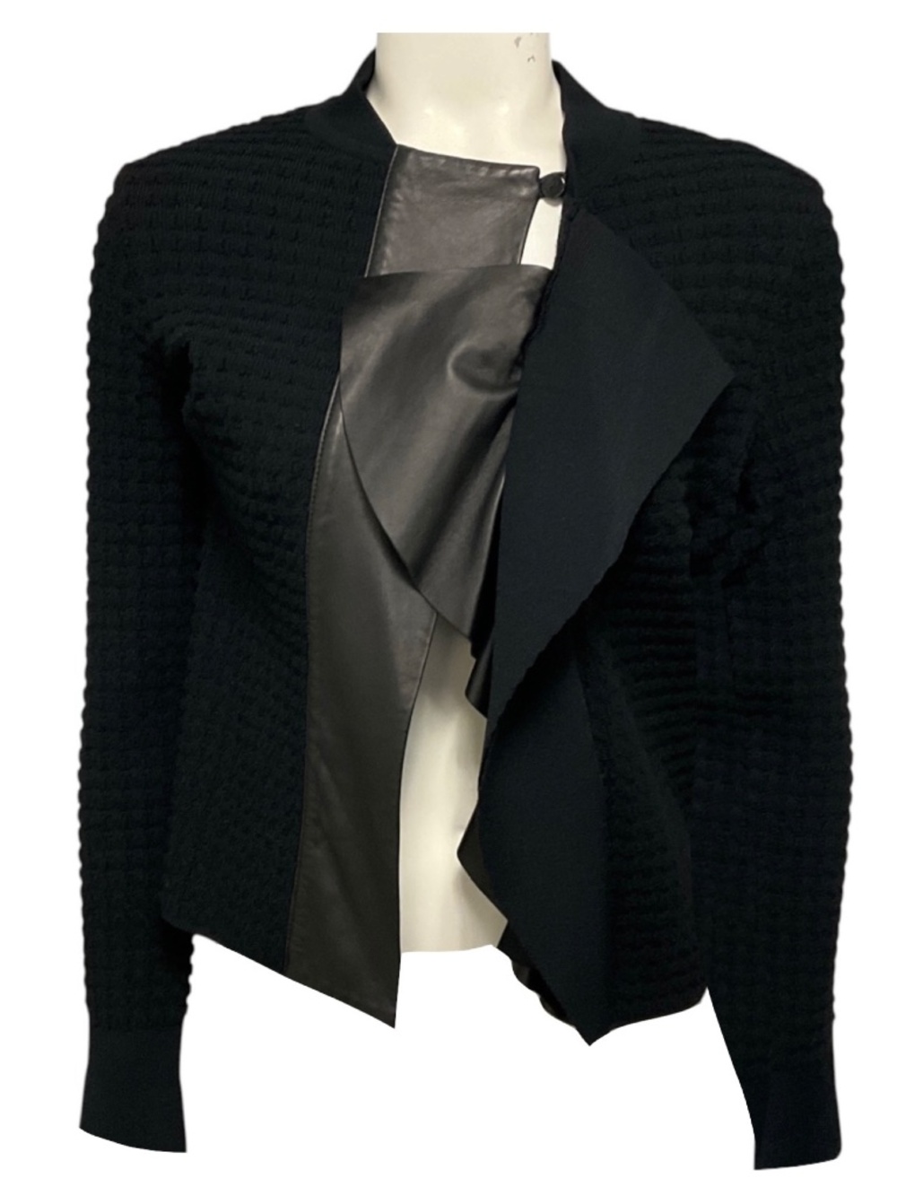 VALENTINO BLACK VISCOSE AND WOOL KNIT CARDIGAN SWEATER WITH LEATHER TRIM
